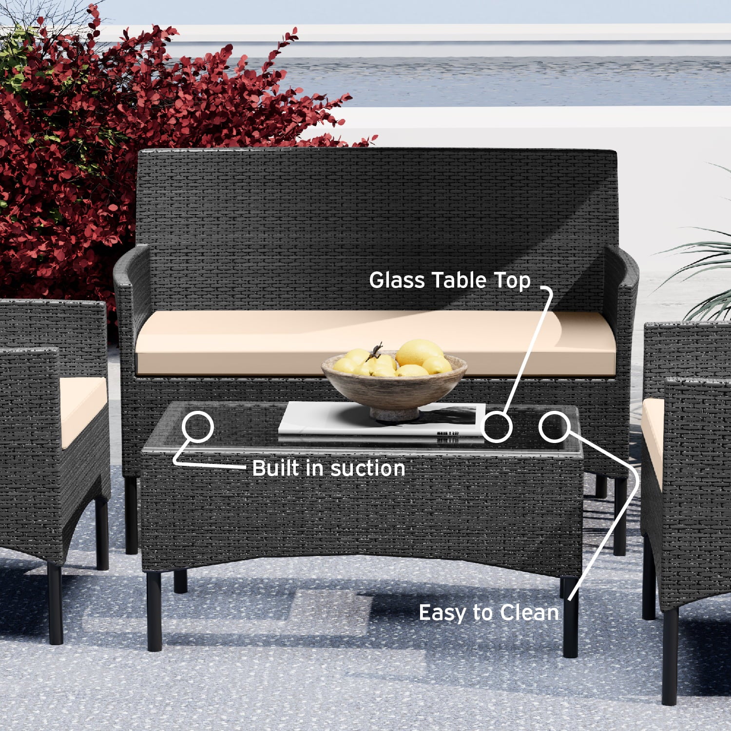 Outdoor Patio Furniture Set, Wicker Conversation Set, Black/Beige Z323