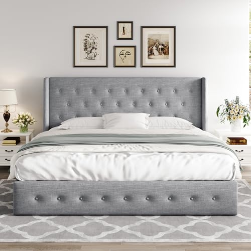 Full Size Lift Up Storage Bed with Wingback Headboard, Hydraulic Support, Light Beige P736605