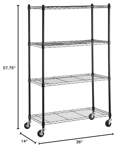 5-Shelf Adjustable Heavy Duty Storage Shelving Unit on Wheel Casters, Metal Wire Rack, Black A697