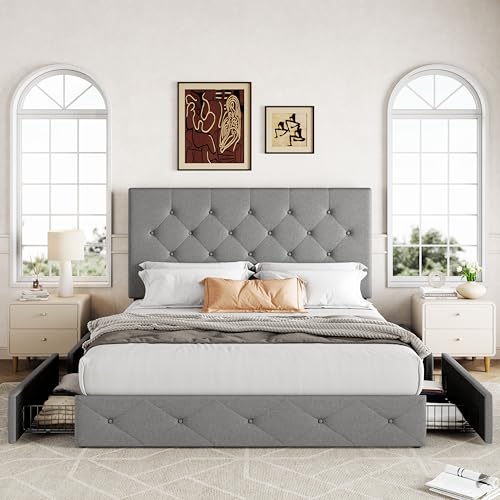 Upholstered Queen Platform Bed Frame with 4 Storage Drawers and Headboard G724955