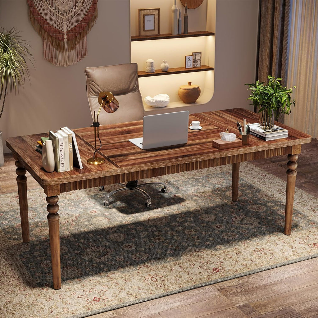 63-Inch Executive Desk with Solid Wood Legs for Home Office Y55396