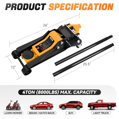 4 Ton Low Profile Floor Jack, Heavy Duty Steel Hydraulic with Dual Pistons Quick Lift Pump P3195