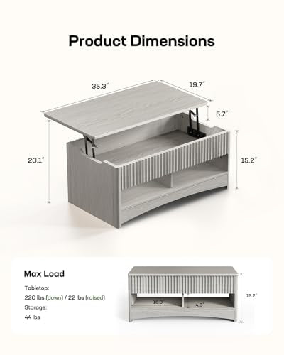 Lift Top Coffee Table with Open and Hidden Storage, Modern Fluted Design S200567