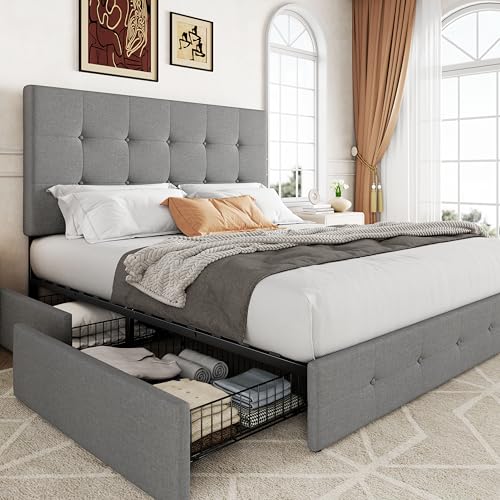 Upholstered Queen Platform Bed Frame with 4 Storage Drawers and Headboard G724955