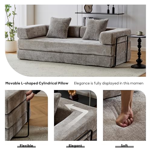 Corduroy Convertible Sleeper Sofa Bed with Pillow, Beige O72530