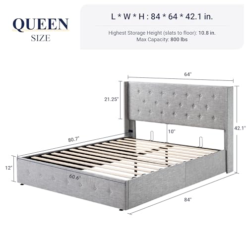 Full Size Lift Up Storage Bed with Wingback Headboard, Hydraulic Support, Light Beige P736605