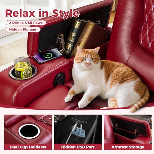 Recliner Chair with USB Ports and Cup Holders, PU Leather, Red F8675