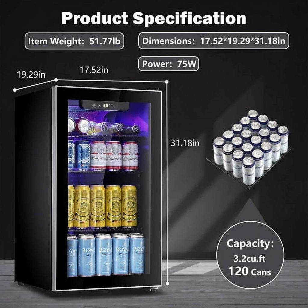3.2 Cu.ft Beverage Refrigerator Cooler - 120 Can Mini Fridge with Glass Door E876188