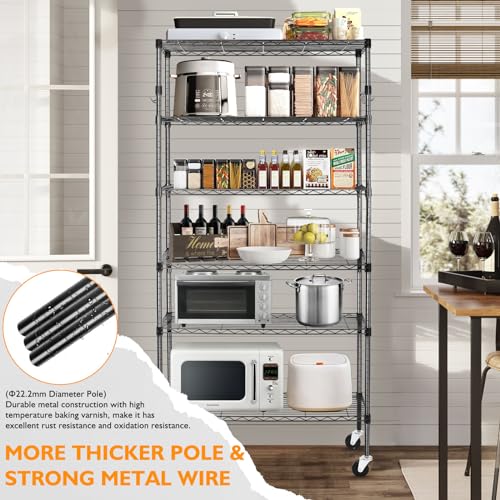 Heavy Duty 6-Tier Storage Shelves with Wheels, Adjustable Metal Wire Rack E412