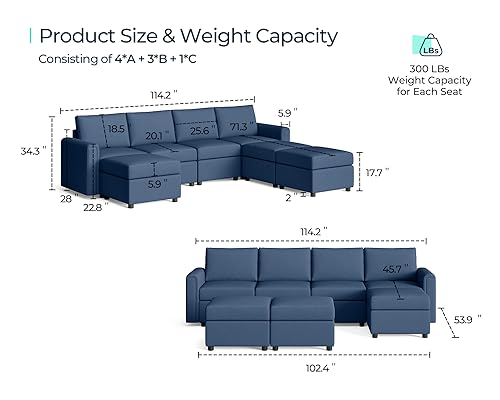 Modular Sectional Sofa with Storage, U Shaped Couch, Blue Y4358