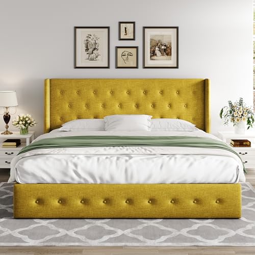 Full Size Lift Up Storage Bed with Wingback Headboard, Hydraulic Support, Light Beige P736605
