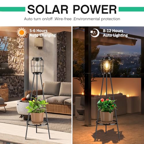 Solar Lights Outdoor with Plant Stands, Metal Tripod Patio Lamp B77585
