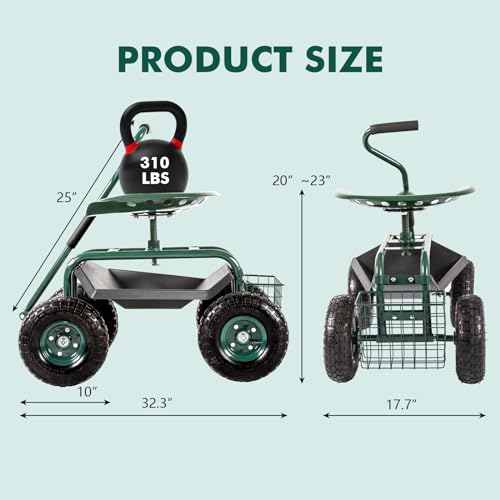 Garden Cart with Rolling Work Seat Tool Tray and Storage Basket on Wheels O137