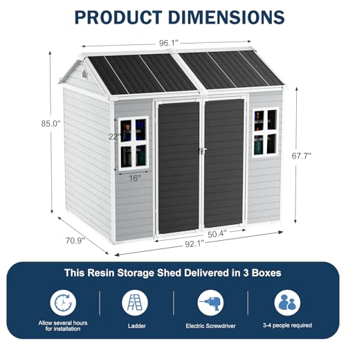 Resin Storage Shed, Waterproof Outdoor Shed with Floor, Lockable Door & 2 Windows G278