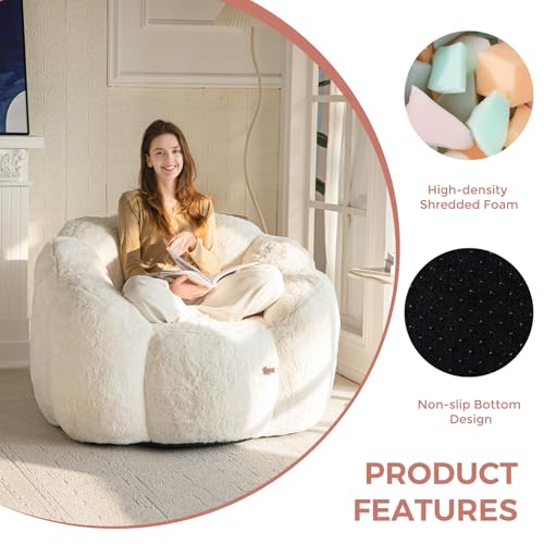 Floral Shaped Bean Bag Sofa for Adults, Faux Fur Floor Chair, Beige U8616