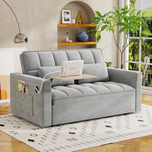 Convertible Sofa Bed, 3 in 1 Velvet Sleeper with Adjustable Backrest, Gray K13376