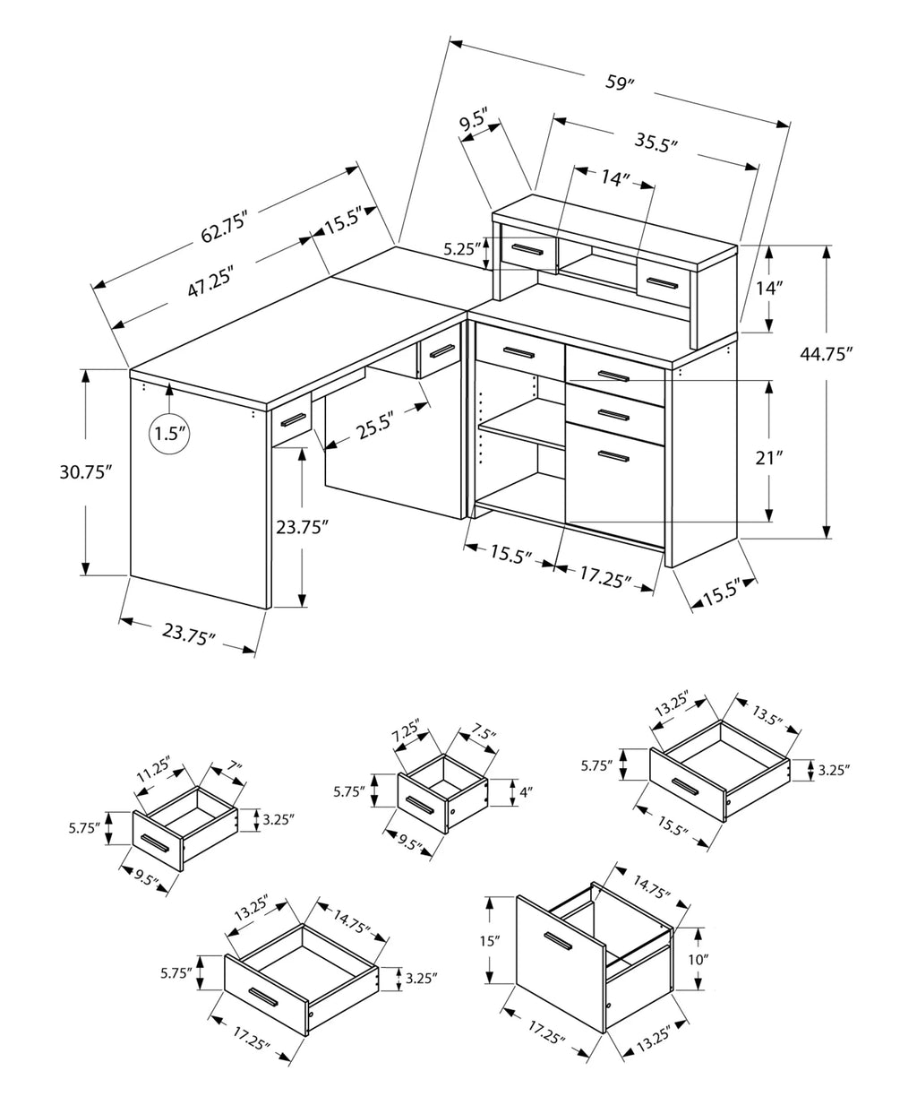 L-Shaped Corner Computer Desk with 8 Drawers, White U518653
