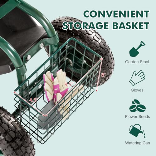 Garden Cart with Rolling Work Seat Tool Tray and Storage Basket on Wheels O137