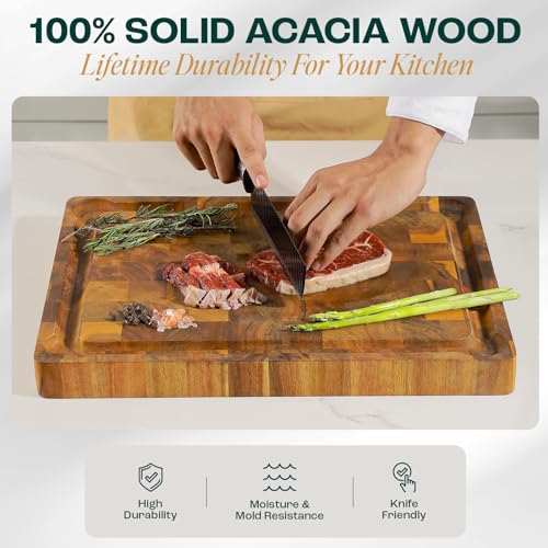 Acacia Wood Cutting Board with Juice Grooves and Handle D82174