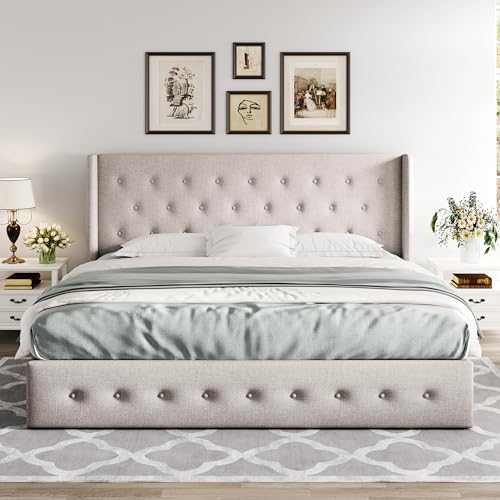 Full Size Lift Up Storage Bed with Wingback Headboard, Hydraulic Support, Light Beige P736605