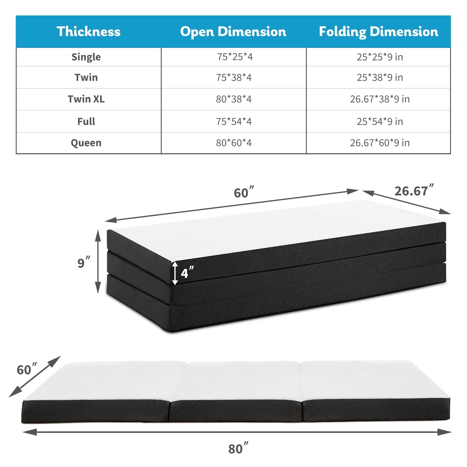 Tri-fold Memory Foam Mattress for Guest Bed and Camping K652923