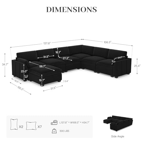 Extra Large Modular Sectional Sofa, 4-Seater L Shaped Couch, Velvet Convertible for Living Room L139