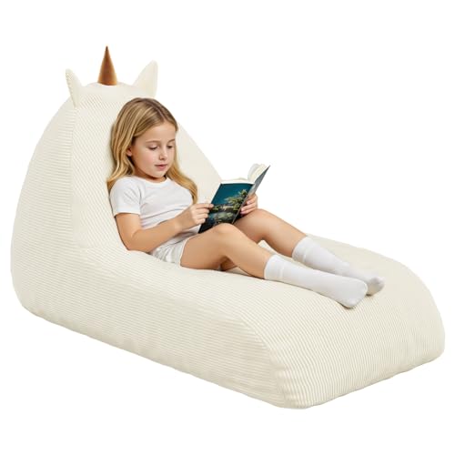 Unicorn Bean Bag Chair for Kids with Filler, Corduroy Floor Lounger, Pink W9694
