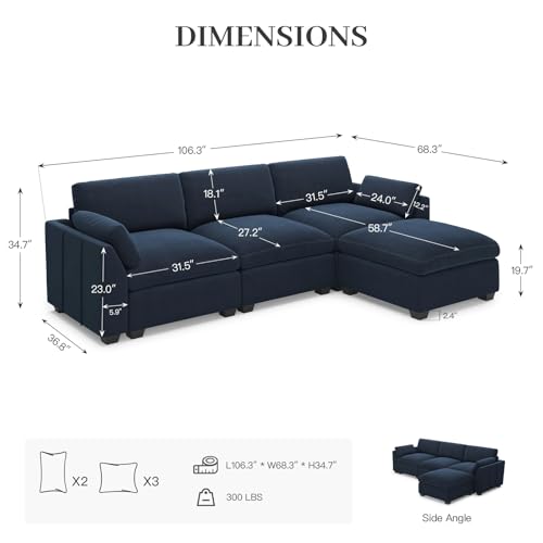 Extra Large Modular Sectional Sofa, 4-Seater L Shaped Couch, Velvet Convertible for Living Room L139