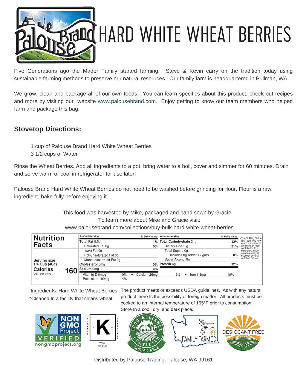 Hard White Wheat Berries, 3-4 LB Kraft Bags, Sproutable, Non-GMO B20751