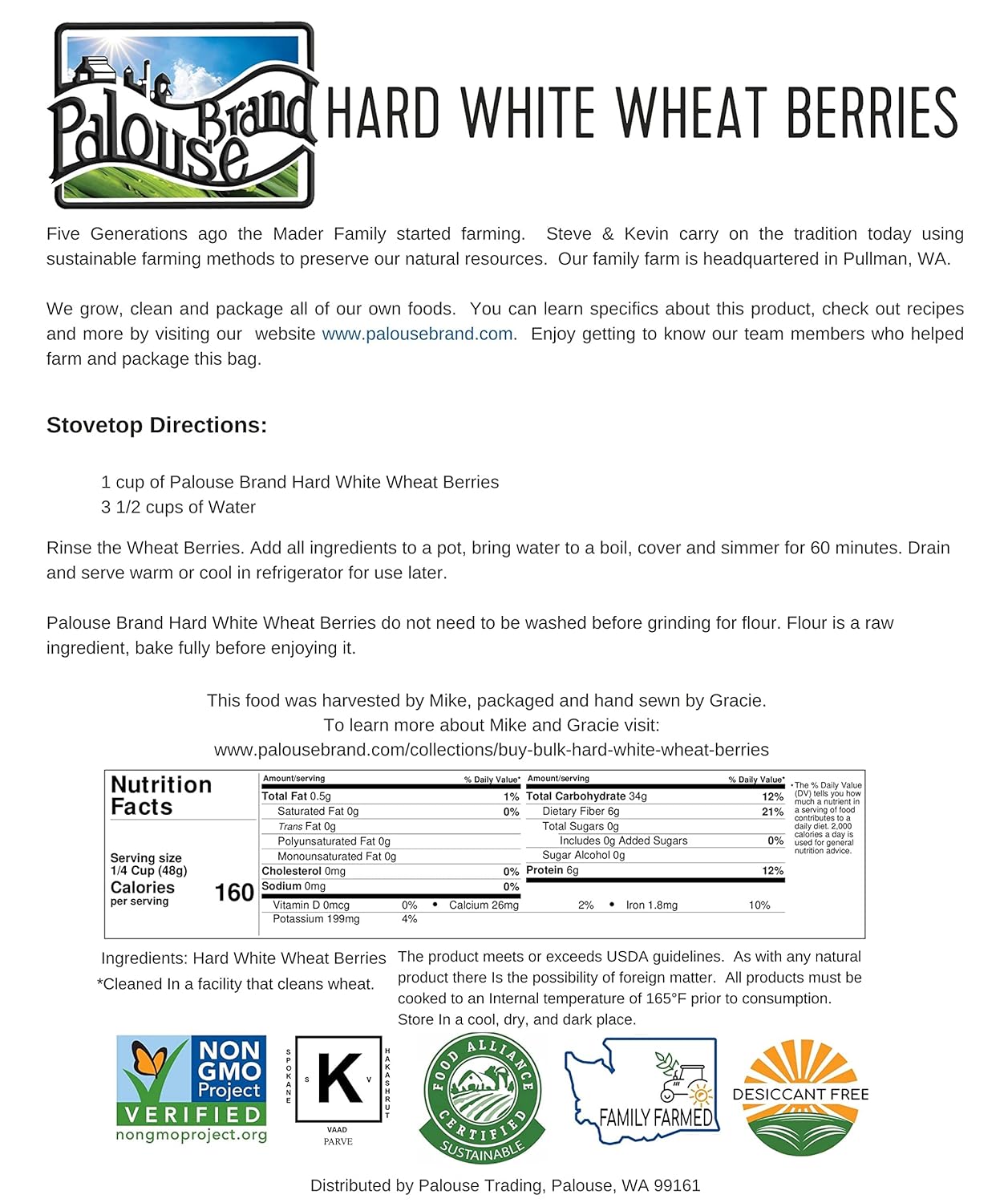 Hard White Wheat Berries, 3-4 LB Kraft Bags, Sproutable, Non-GMO B20751