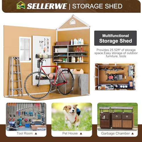 Resin Storage Shed, Waterproof Outdoor Tool Shed with Floor, Double Lockable Doors I89690