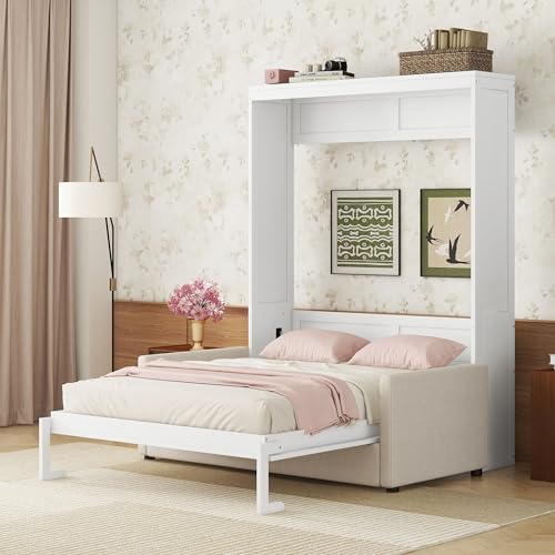 Murphy Bed Queen Size with Cushion, Foldable Sofa Bed Frame with Slat Support, White C2974