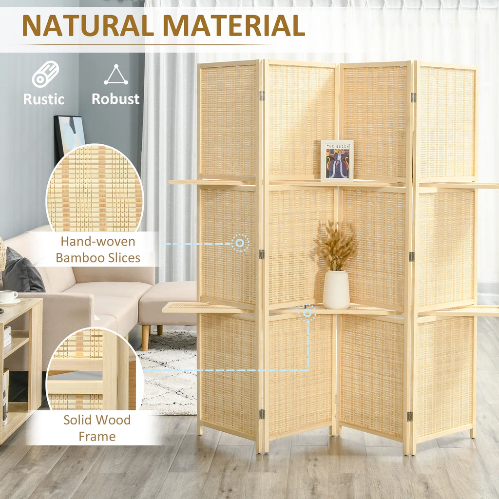 4-Panel Folding Room Divider, 6 Ft Freestanding Bamboo Privacy Screen with Storage Shelves I21393
