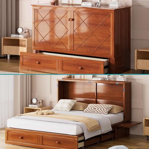 Queen Cabinet Cube Chest Bed with Tri-fold Mattress and Charging Station X329