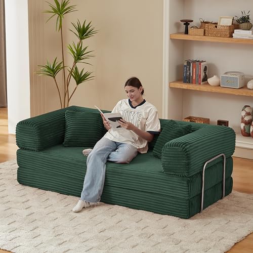81" Foldable Convertible Sleeper Sofa Bed with Corduroy Upholstery and Pillow O1547