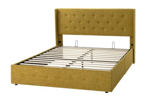 Full Size Lift Up Storage Bed with Wingback Headboard, Hydraulic Support, Light Beige P736605