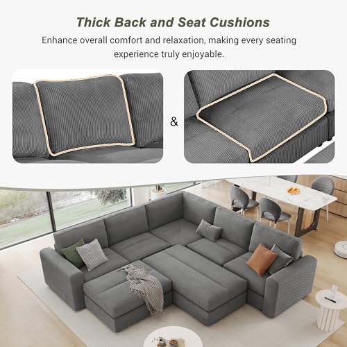 Corduroy Sectional Sofa Bed with Two Ottomans, Gray J44720
