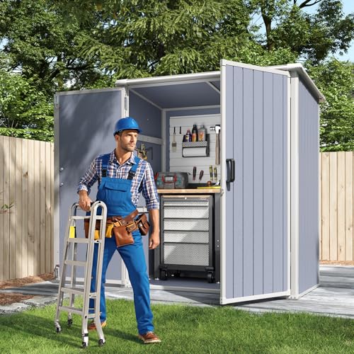 Outdoor Storage Shed with Window, Resin Garden Tool Shed with Lockable Doors W5772