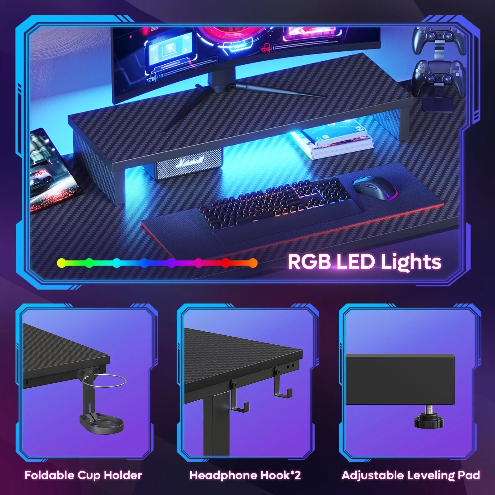 Gaming Desk with LED Lights and Monitor Stand V338893