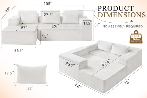 L-Shape Modular Sectional Sofa with Deep Seat, No Assembly Required C597556