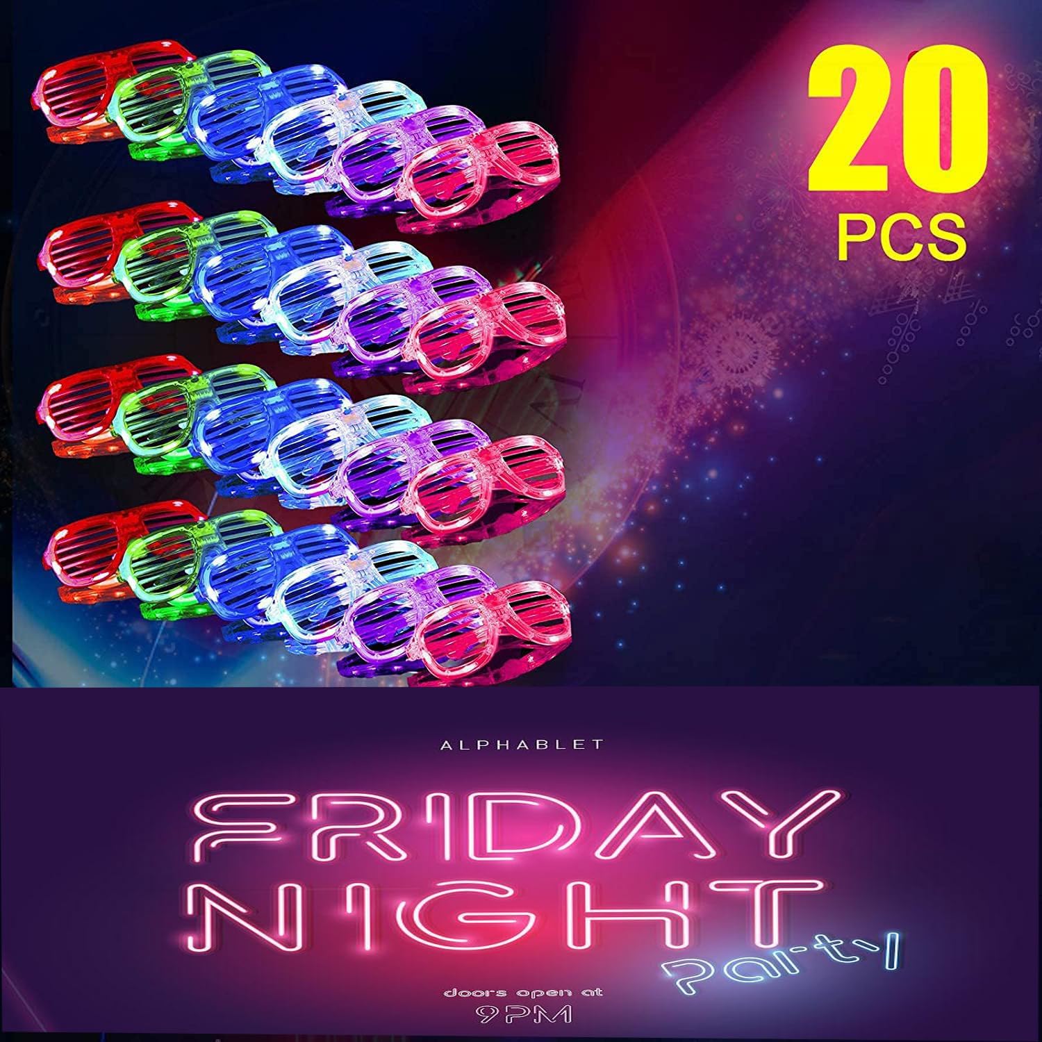 20 Pack LED Glow Glasses Party Supplies Neon Flashing Shades M60890