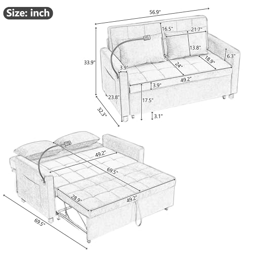 3 in 1 Convertible Sleeper Sofa Bed with USB Ports, Reversible Backrest, Brown C746