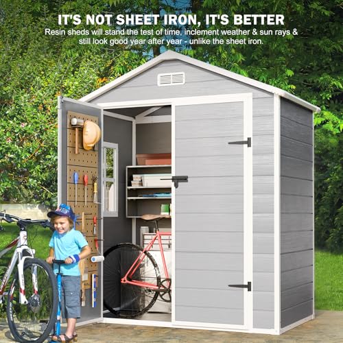Resin Storage Shed, Waterproof Outdoor Tool Shed with Floor, Double Lockable Doors I89690