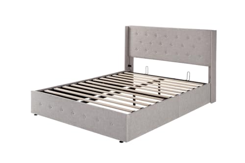 Full Size Lift Up Storage Bed with Wingback Headboard, Hydraulic Support, Light Beige P736605
