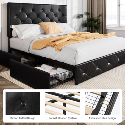 Upholstered Queen Platform Bed Frame with 4 Storage Drawers and Headboard G724955