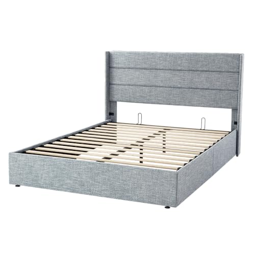 Full Size Lift Up Storage Bed with Wingback Headboard, Hydraulic Support, Light Beige P736605