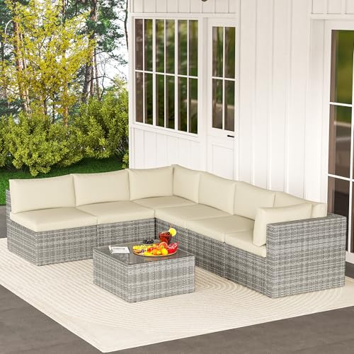 Outdoor Patio Furniture Set with Glass Tea Table, PE Rattan Wicker, Washable Cushions, Grey K8525