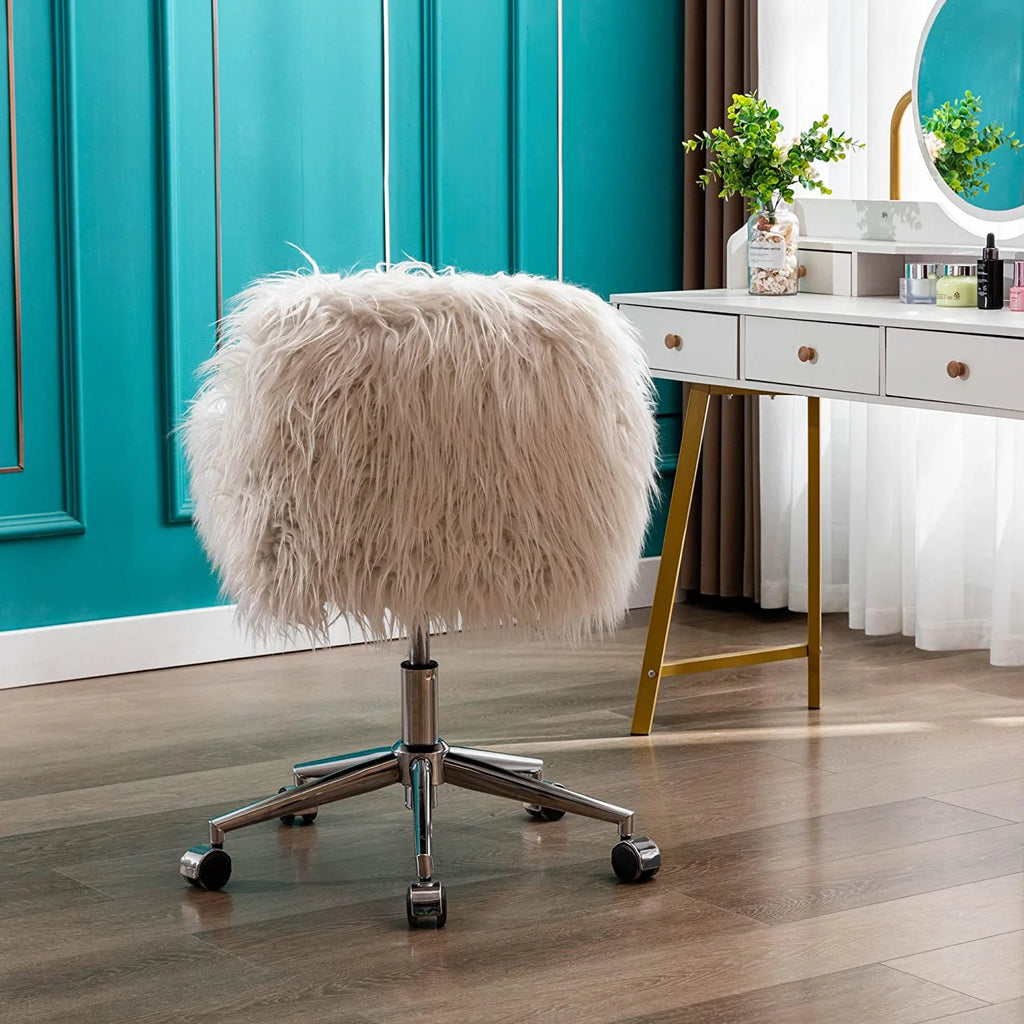 White Vanity Chair Faux Fur Swivel with Back J201