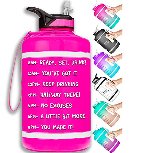 NatureWorks HydroMATE Half Gallon Water Bottle with Time Markers BPA Free Reusable Leak Proof Jug with Straw and Handle 64 oz