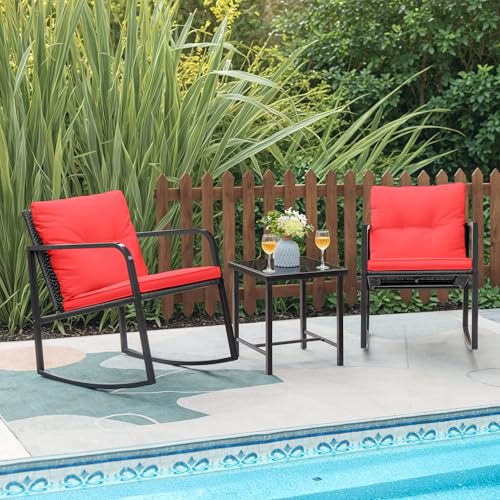 3 Piece Rocking Wicker Bistro Set with Glass Coffee Table J90293